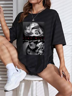 Szykowny damski T-shirt plus size z geometrycznym nadrukiem - Casualowy krótki rękaw okrągły dekolt elastyczna mieszanka poliestru