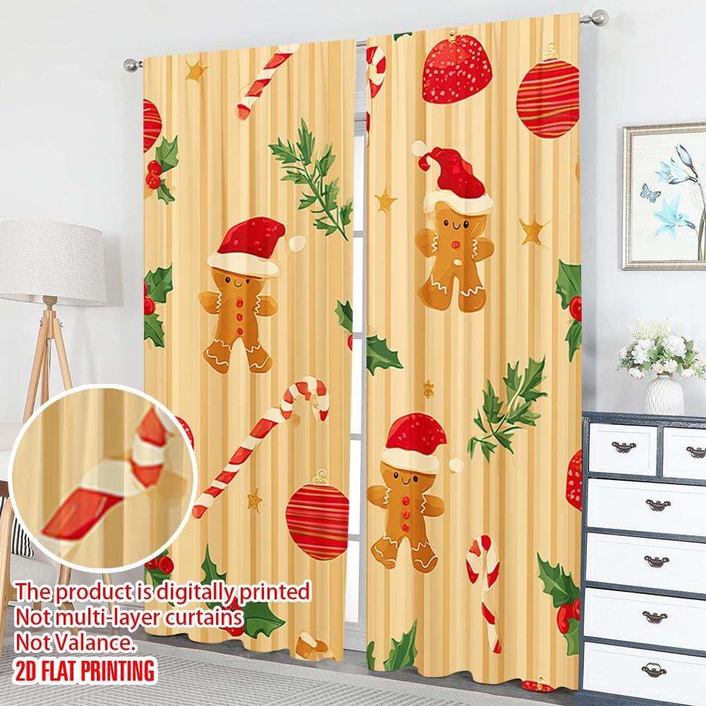2 Stück 2D Flachdruck Weihnachten Heiße Vorhänge Weihnachten Stechpalme Süßigkeitenkugel Digital Bedruckte Polyester Vorhänge Familienfeier Dekoration