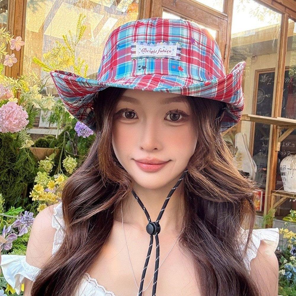 Wide Brim Women Sun Hat Sun Protection Sunscreen Bucket Hat Portable Plaid Fisherman Hat  Summer