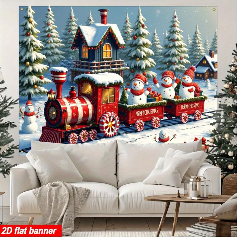 1pc2D flat, Christmas train and snowman background banner, suitable for Christmas, New Year, winter party, no power required wsj
