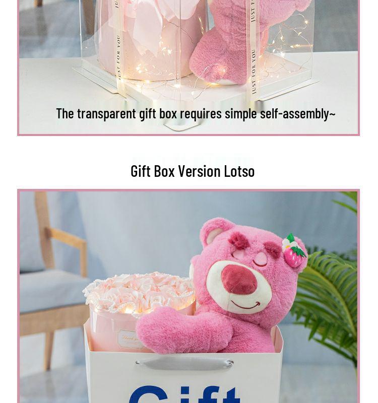 Strawberry Bear Doll & Preserved Rose Bouquet - Soap Flower Gift for Girlfriend