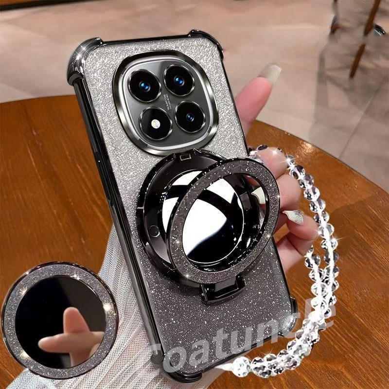Glitter Magnetic Mirror Stand Bracelet Holder Case For Xiaomi Poco X7 PocoX7 Pro X6 X5 M7 M6 F6 F3 F7 Pro Ultra Shockproof Cover