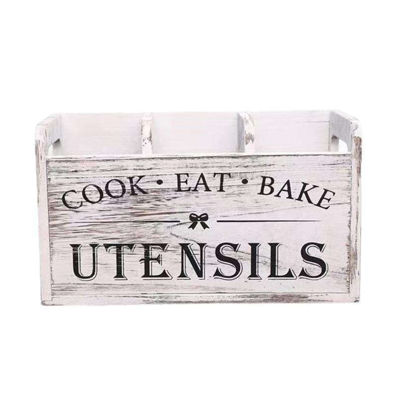 Dřevěný držák na náčiní s více přihrádkami 3 sekce Úložný box na kuchařské příslušenství Nástroj pro organizaci kuchyňské linky