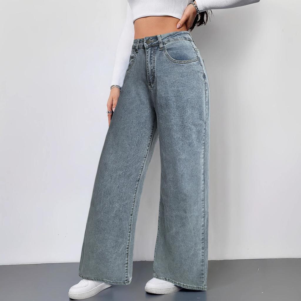 Neue lockere High-Waist Wide-Leg Jeans mit rosa Schleifenstickerei an der Gesäßtasche für Damen
