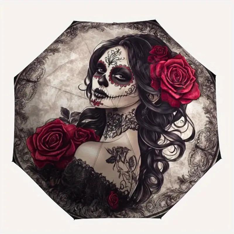 Mexican Day of The Dead Umbrella - Automatic Open And Close Sugar Skull Lady with Red Rose Pattern Compact Umbrella - Gothic Floral Design,