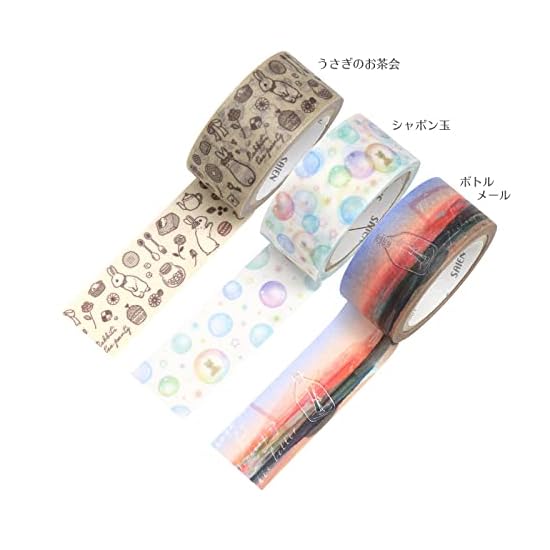 Kamiiso Sansho Masking Tape SAIEN Original 3-Pattern Set (Rabbit Tea Party, Soap Bubbles, Bottle Mai