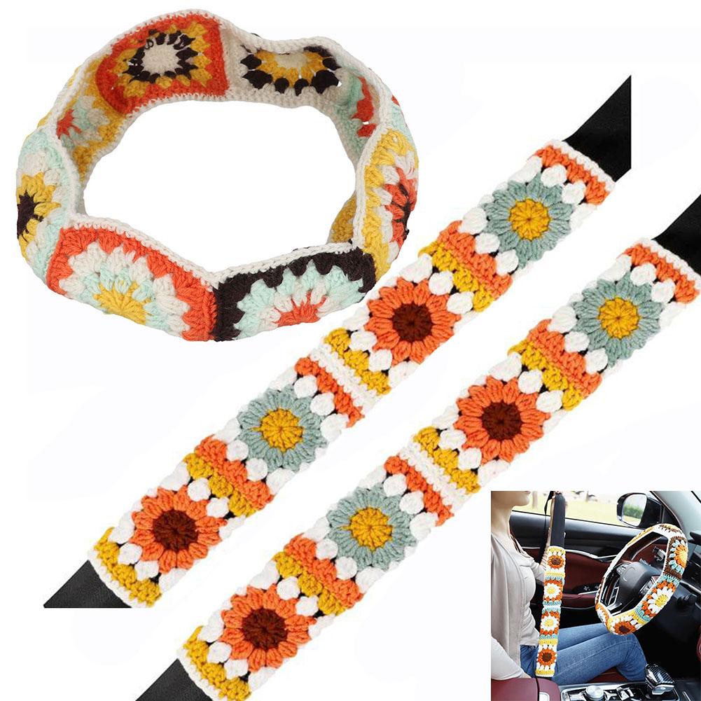 3PCS Cute Crochet Steering Wheel Covers Boho For Women Sunflower Seat Belt Pads Car Steering Wheel Covers