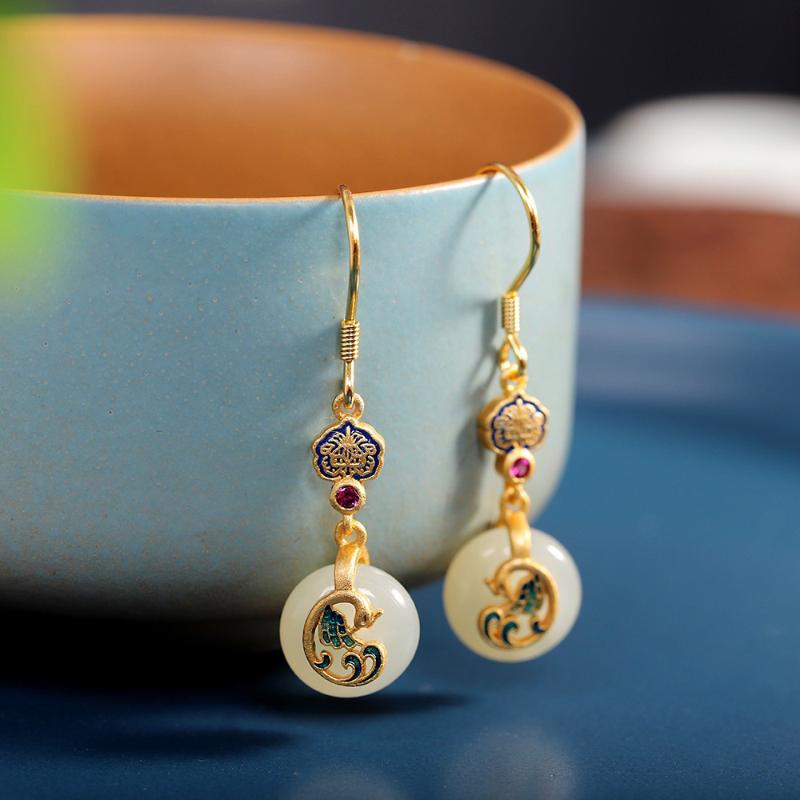 

Старинное золотое ремесло Натуральный Хотанский нефрит Круглые серьги для женщин, новинка в стиле суда Танец Феникса Серьги-подвески свадебные украшения