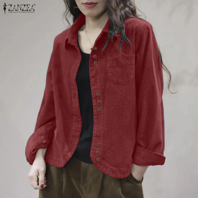 ZANZEA Women Casual Turn Down Collar Long Sleeve Loose Corduroy Blouse