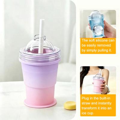 Eisballbecher mit Deckel und Strohhalm, 2-in-1 faltbarer Silikon-Eisbereiter und Trinkbecher, tragbarer Eiskaltgetränkebecher für Reisen und den Außenbereich