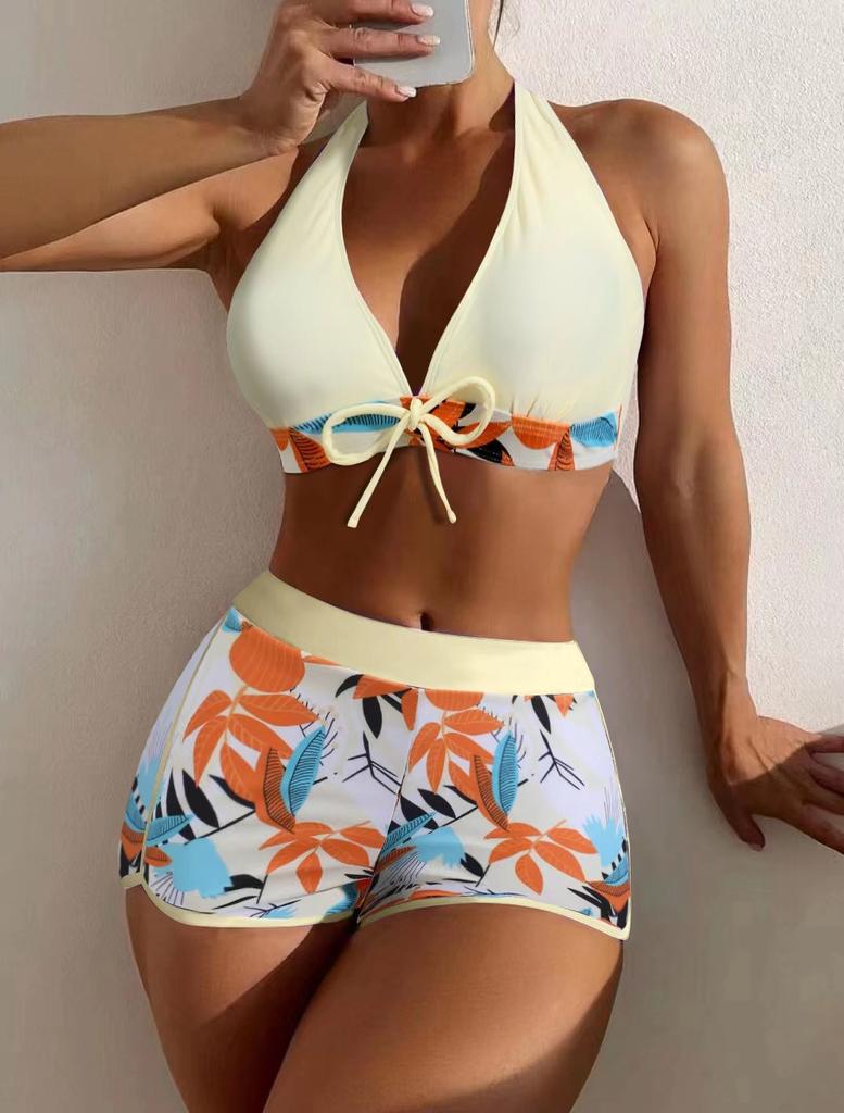 Fashion Women's High Waist Boxer  Print Solid Color Patchwork Swimsuit Bikini