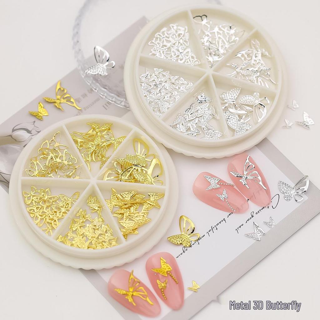 3D Butterfly Nail Art Metal Plates: Japanese Style Hollow Gold & Silver Decorations with Rhinestone Stickers