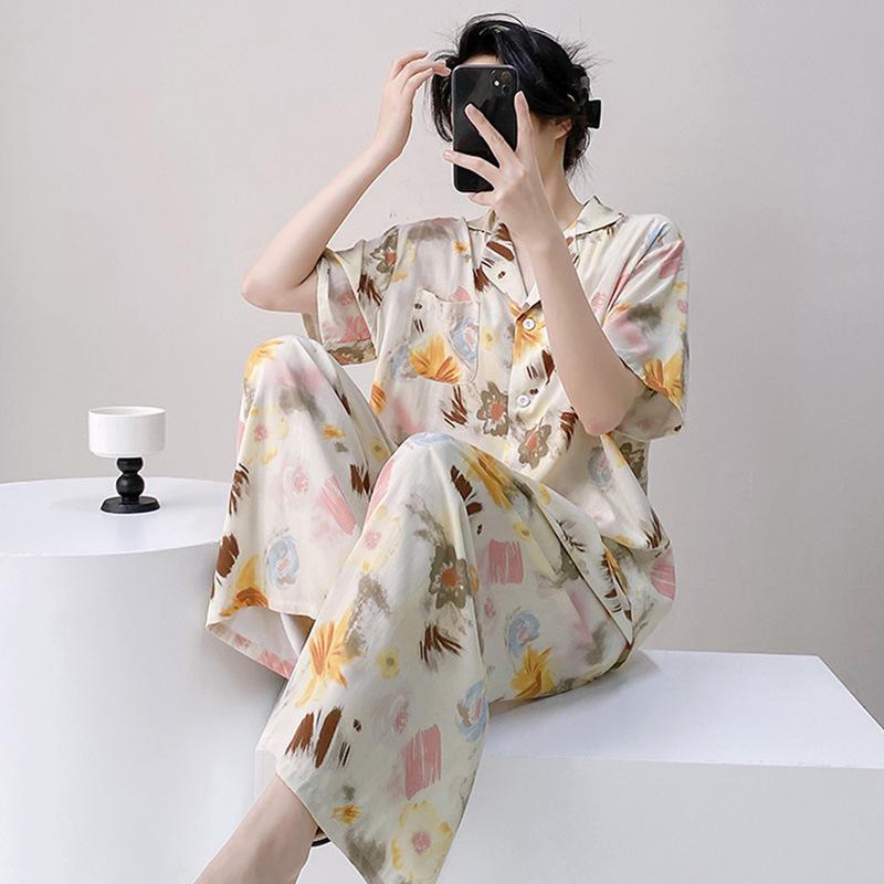Cotton and silk pajamas women's summer thin short-sleeved plus size Internet celebrity suit can be worn outside spring and autumn new Chinese