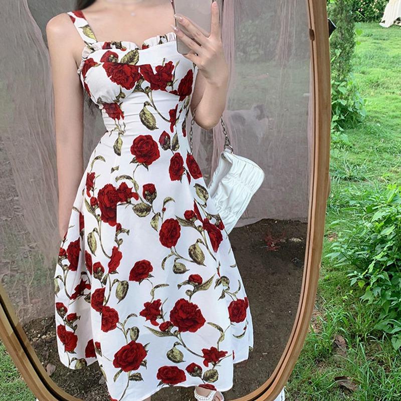 Floral Dress For  Lady  Long Sleeve Sweetfrench Vintage Midi Dress  Evening Party Retro Elegant One Piece Dress