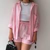 Shirts and Shorts Women's Clothing Lapel Long Sleeve Shirt High Waist Drawstring Shorts Fashion Casual Two-Piece Suit