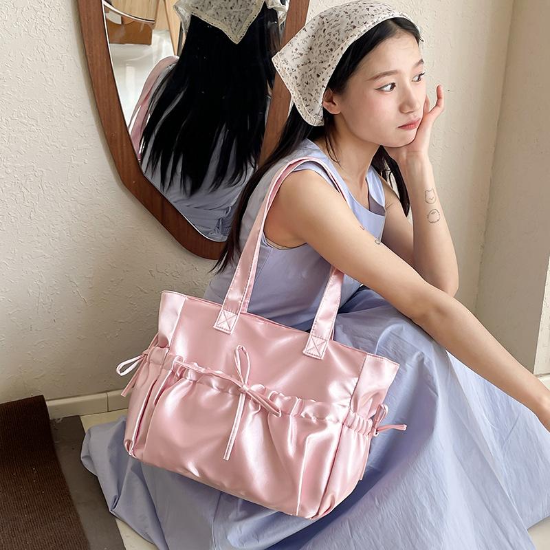 Satin Ballet Style Pleated Bow Girls Shoulder Bags Sweet Candy Color Ladies Underarm Bag Korean Casual Women Laptop Large Tote