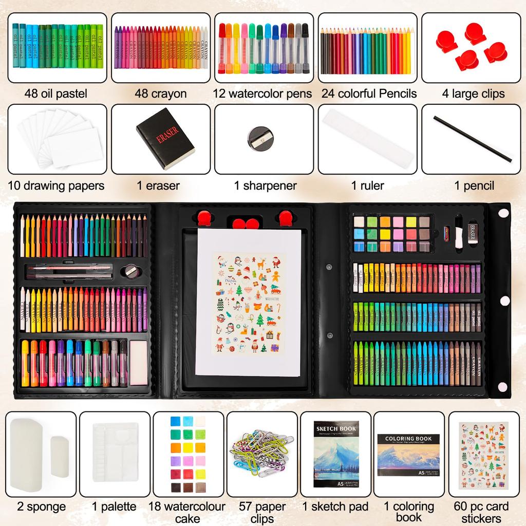 KINSPORY 290-Piece Kids Art Set with Dual-Sided Easel, Colored Pencils/Markers/Crayons/Watercolors, W150, Black