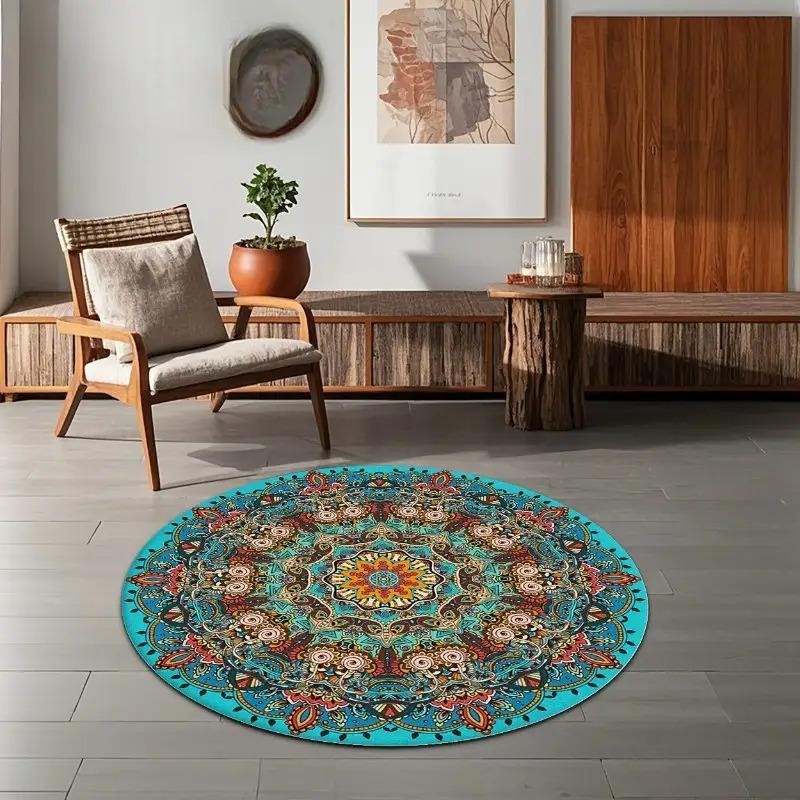 Crystal velvet carpetVibrant Mandala Round Mat- Blue Green Orange Red Floral Pattern- Suitable for Home, Office, Bedroom or Cafe