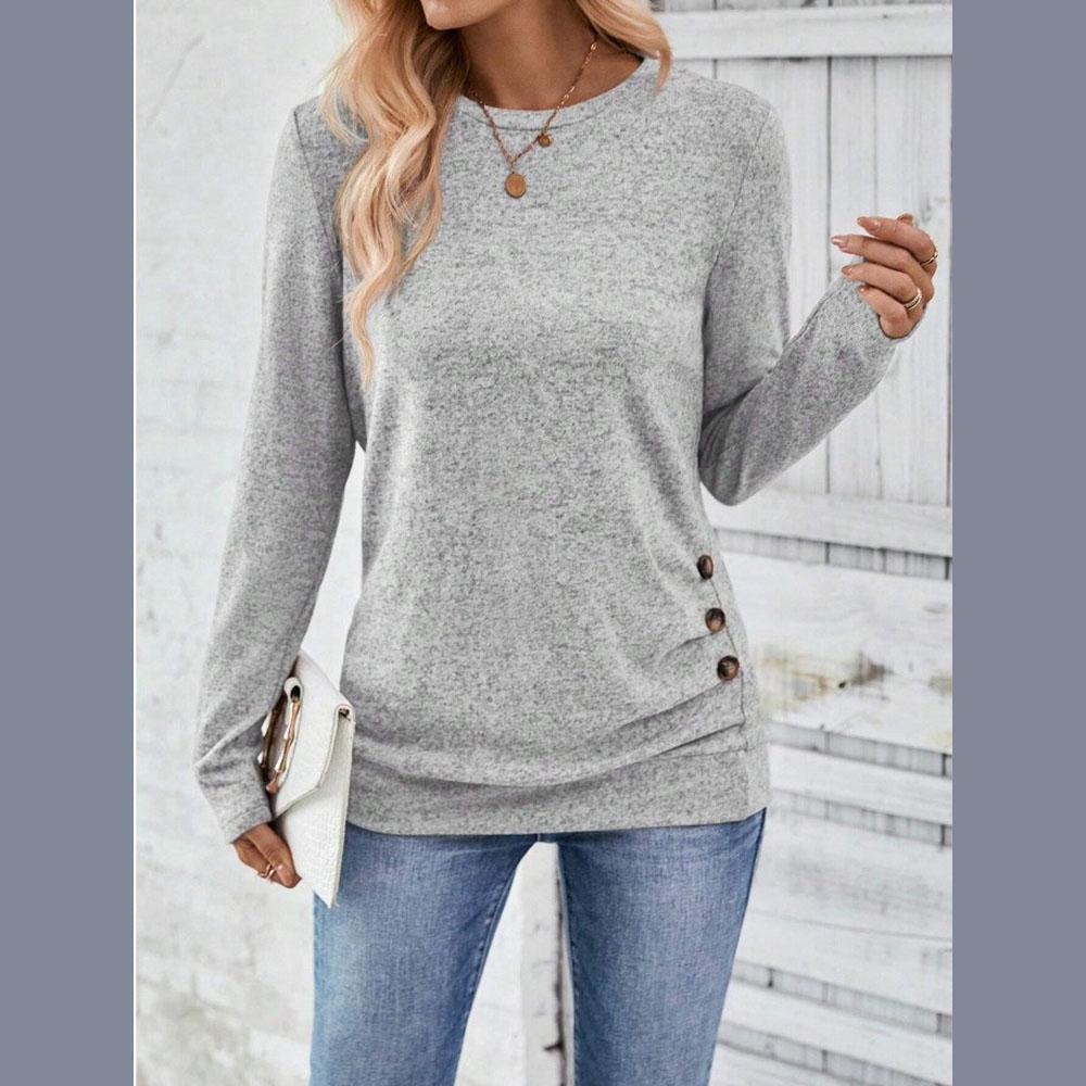 Women's Button Decor Ruched T-Shirt Casual Long Sleeve Top For Spring & Fall Women's Clothing