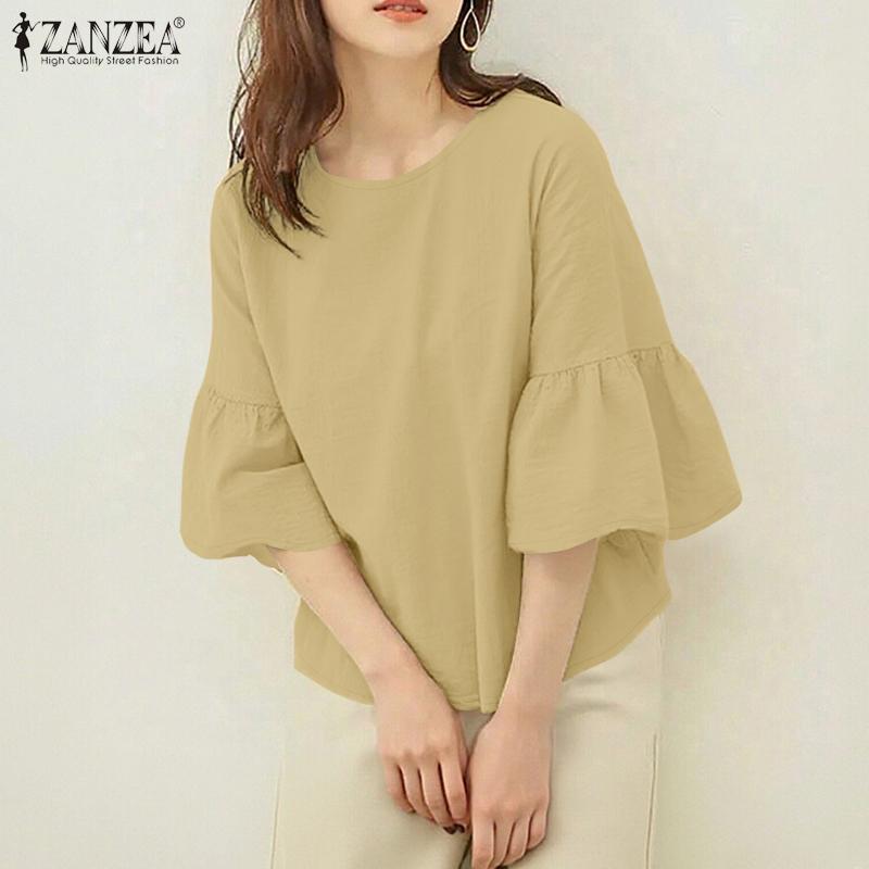 ZANZEA Women Casual Round Neck Solid Color Loose 3/4 Sleeve Blouse