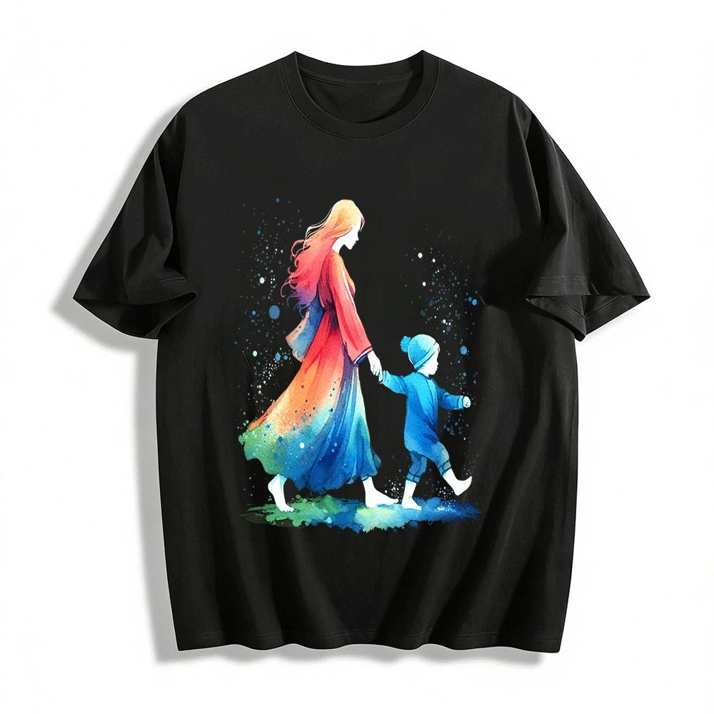 

Watercolor Parent-Child Hand-In-Hand Print Casual Top Pure cotton T-shirt XXS
