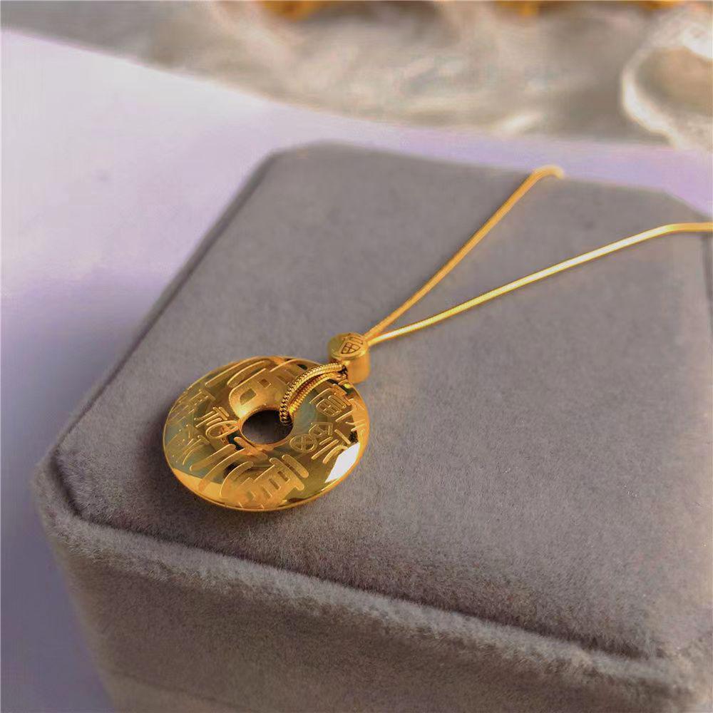 Gold-Plated Hundred Blessings Pendant Necklace - Lucky Bead & Safety Buckle Retro Chinese Style