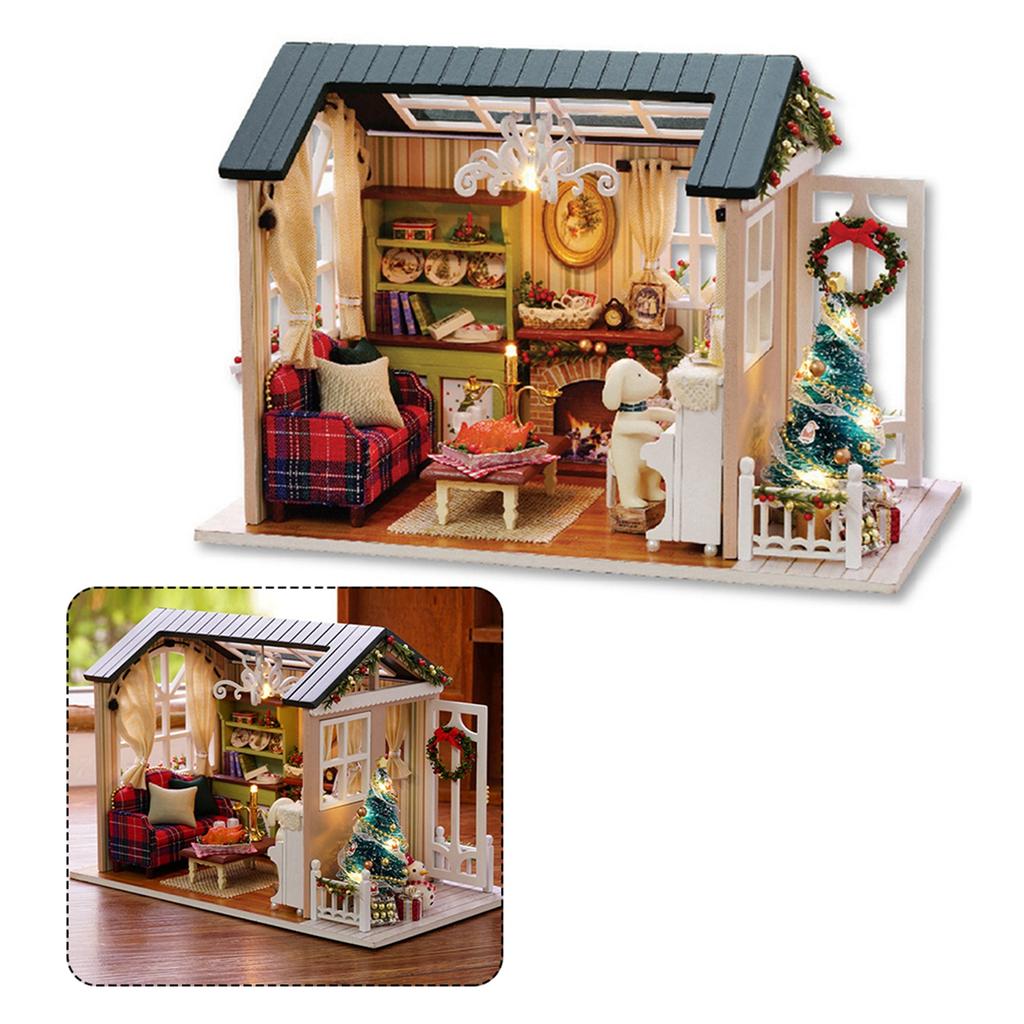 Miniature Wooden House Model with LED Light, Retro   Furniture Handcraft Kit for Developing