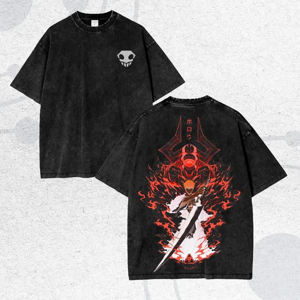 BLEACH Anime Printed T Shirt Kurosaki Ichigo T-shirt Washed Oversized Tshirt For Men‘s Clothing Short Sleeves Cotton Tees Tops