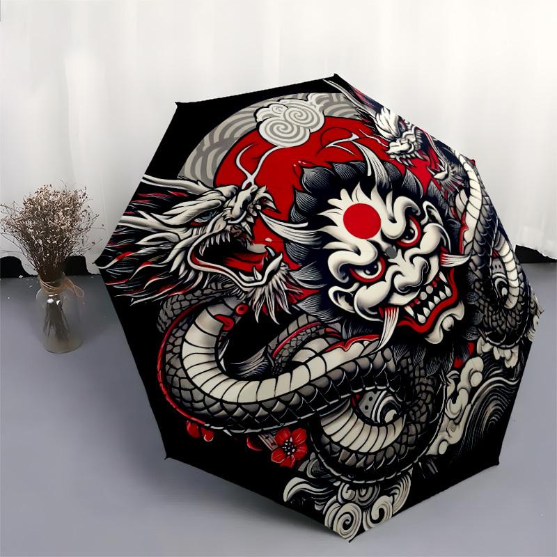 1pc Japanese Demon Mask with Dragons Umbrella with Plastic Handle,Suitable for All Seasons Home Travel Outdoor UmbrellaDD1058