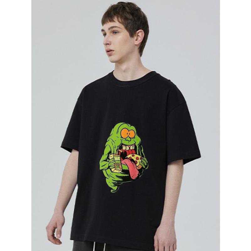 Übergroßes T-Shirt Schwarz Grün Monster isst Pizza und Soda Grafikdruck Lässige Streetwear für Männer und Frauen