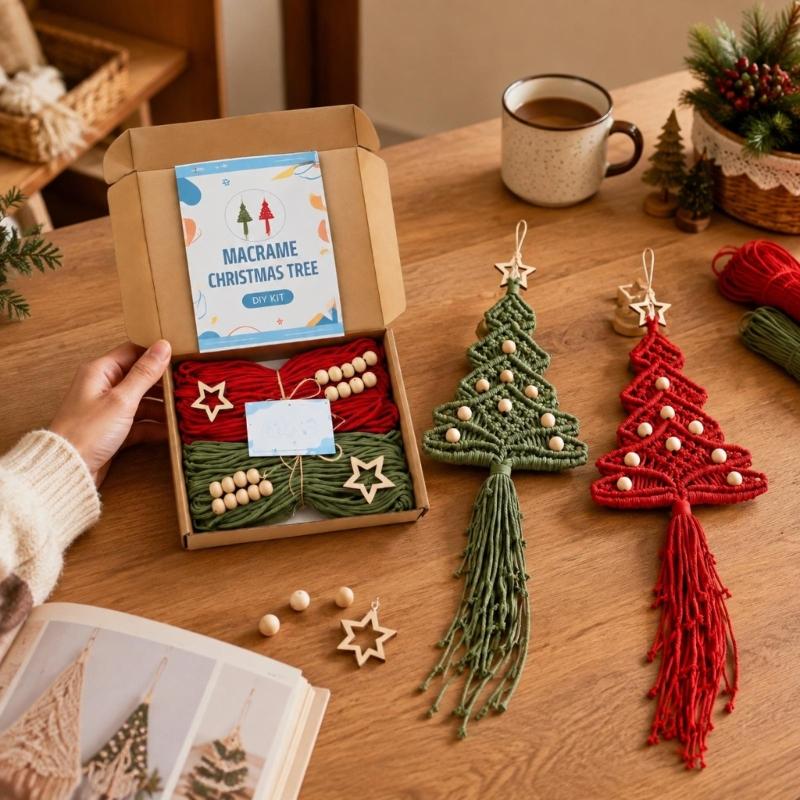 Holiday Tree Fiber Craft Set for 2 Hanging Projects with Soft Cotton Cord, Wooden Star Toppers, Beads and Dowels