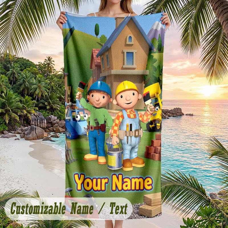 Bob der Baumeister Strandtuch, Personalisiert mit individuellem Text, Schnelltrocknend, Weich, Großes Handtuch für Schwimmbad, Reisen