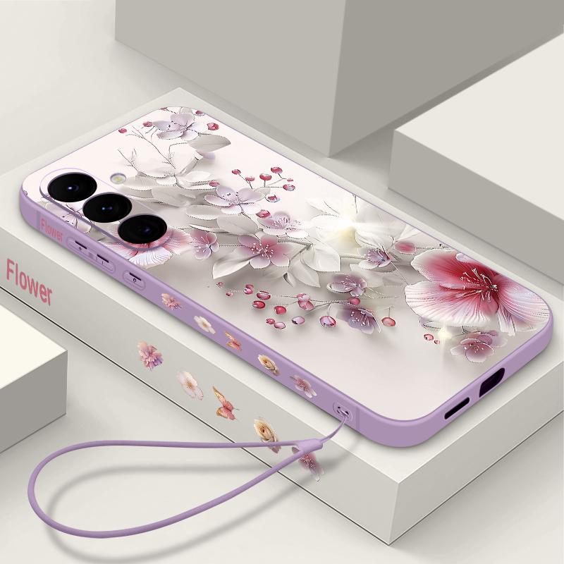 Soft TPU Case For Samsung Galaxy S25 S24 S21 FE S24 S22 S23 Ultra S22 Plus S25 Edge Pink Flowers Patterned Lanyard Phone Cover