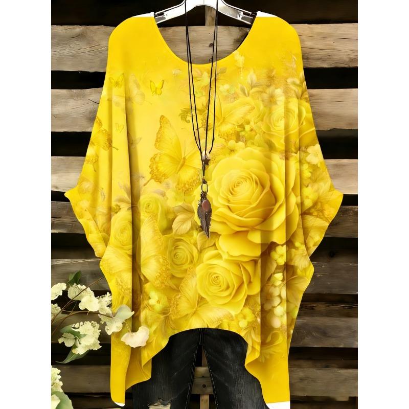 Women Floral Butterfly Print Loose Tunic Top