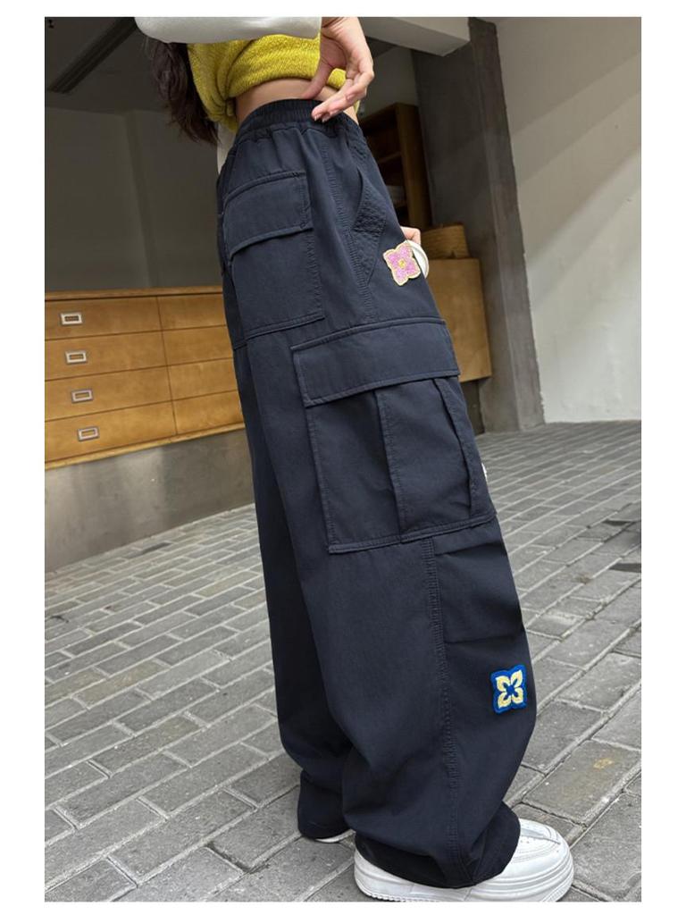 Girls' Autumn Casual Wide-Leg Cargo Pants with Korean Street Style and Trendy Embroidered Design
