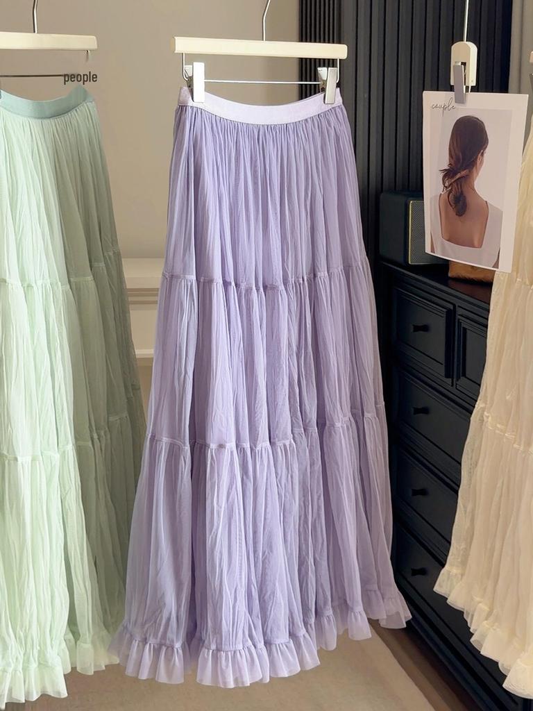Elegant Korean Style A-line Mesh Spliced Skirt: Spring & Autumn Women's Slimming Wide Hem Design