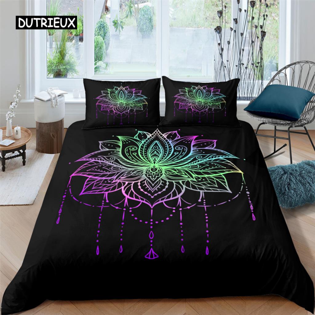 2/3dílná Sada na postel Bohemian Lotus Sada povlaku na přikrývku Mandala Květinový povlak na přikrývku Pro dospělé Černá Polyesterová sada ložního prádla Queen King Twin Pro teenagery