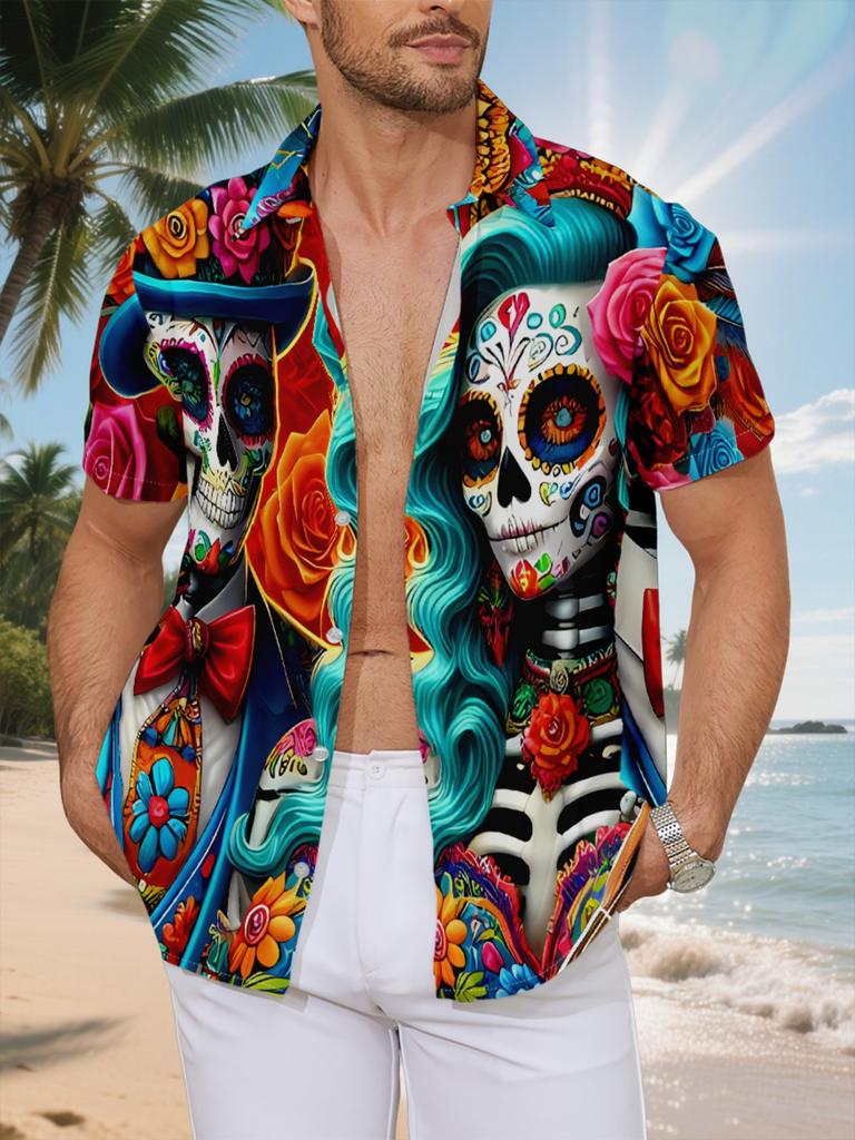 Nuova Camicia Casual a Maniche Corte da Uomo Teschio di Zucchero Coppia Fiori Intrecciati con Vestiti Colorati Stile Giorno dei Morti Festa Festiva Pendolarismo