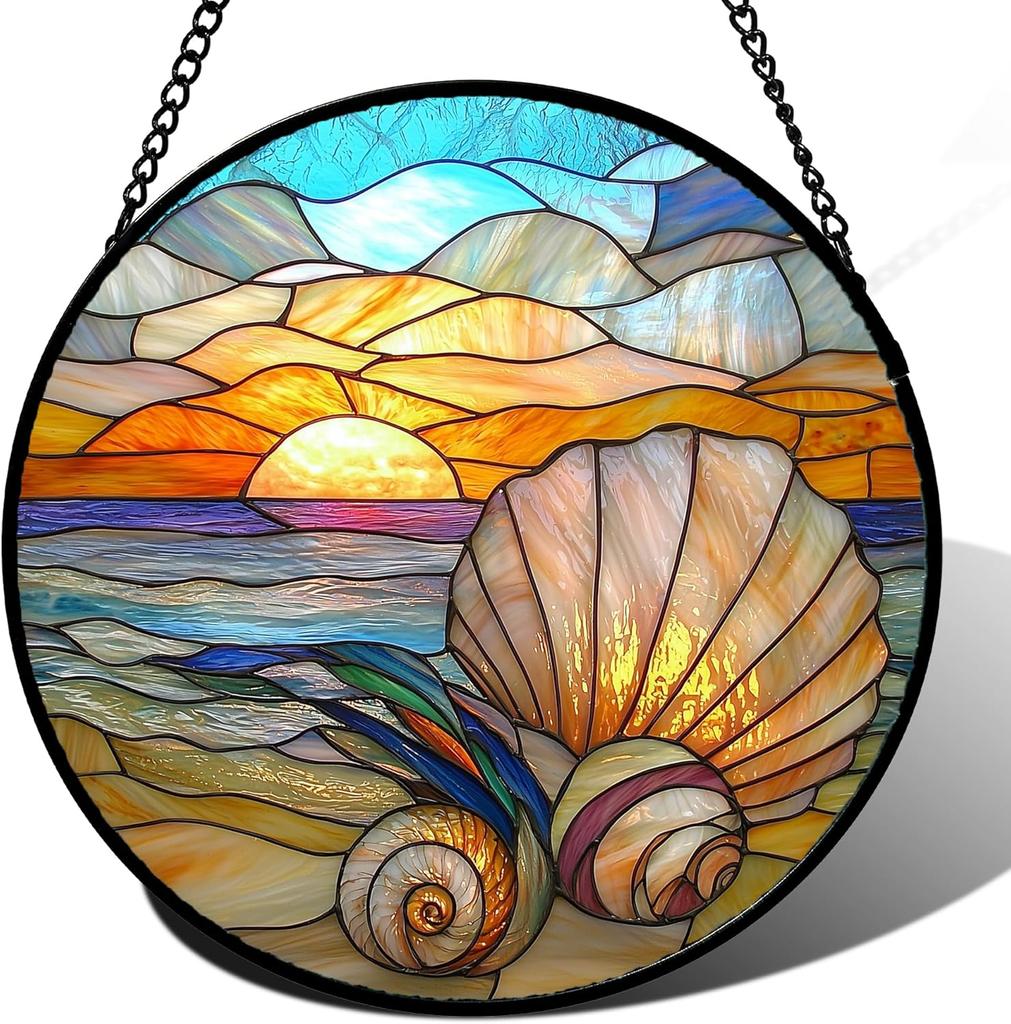 Stained Glass Window Hanging, Sunset Mountains Lake Tree Sun Catcher for Window Home Decor Landscape Suncatcher Mother's Day Birthday Gifts 7.8 in