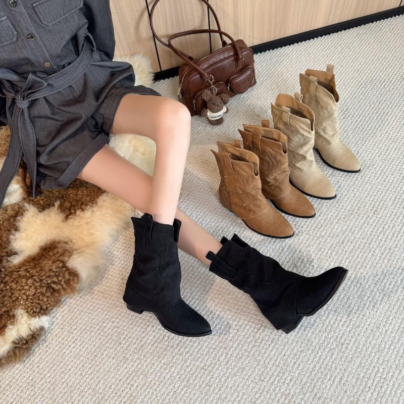 Pointed western cowboy boots women's new autumn temperament retro stacking boots thick heel versatile short boots