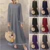 Women's Round Neck Long Sleeve Lace Trim Maxi Dress Loose Vintage Solid Color Side Split Pocket Casual Sweatshirt Dress