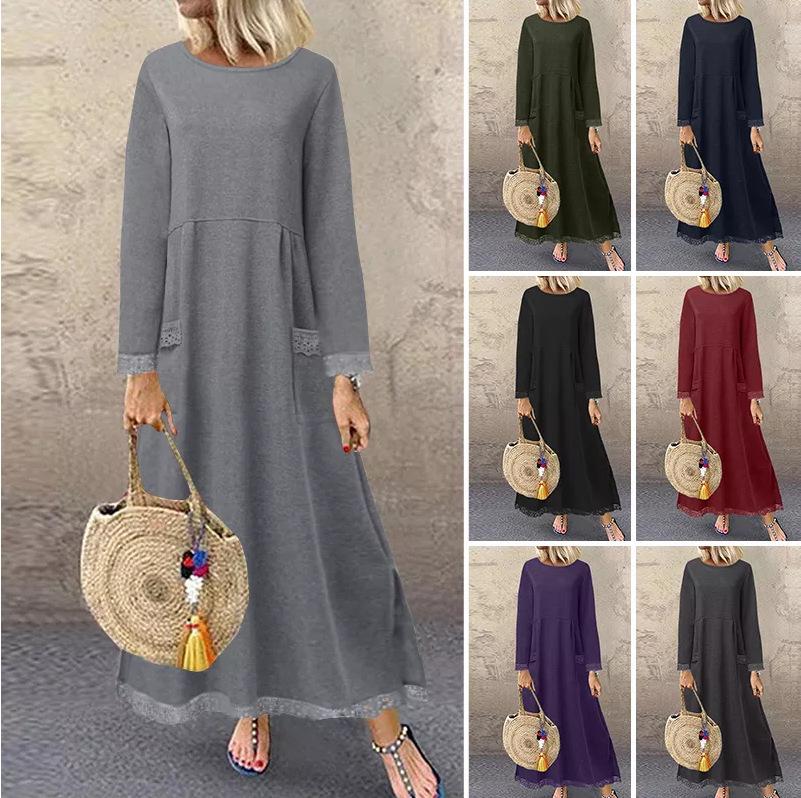 Women's Round Neck Long Sleeve Lace Trim Maxi Dress Loose Vintage Solid Color Side Split Pocket Casual Sweatshirt Dress