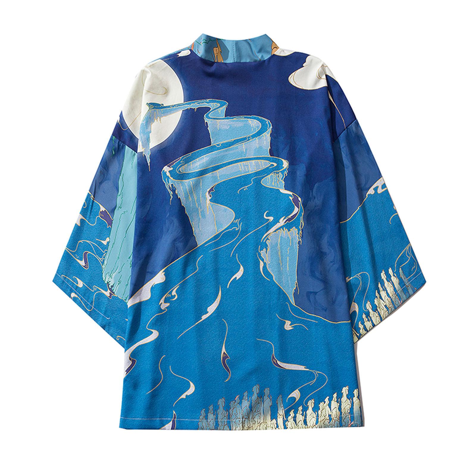 

Мужской повседневный свободный кардиган с открытой передней частью и рукавами 3/4 в японском стиле с принтом XXL синий