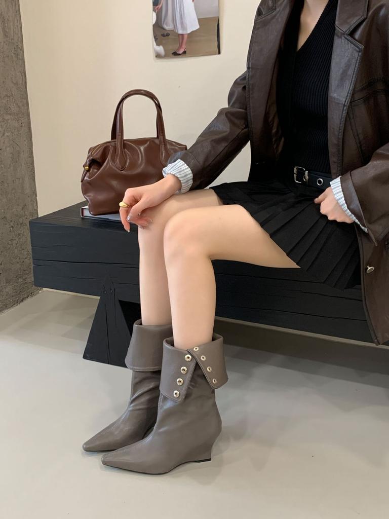 2025 New Medium Boots Women's Niche Design Two-wear Stacking Boots High Knight Boots Wedge Heel Western Cowboy Boots