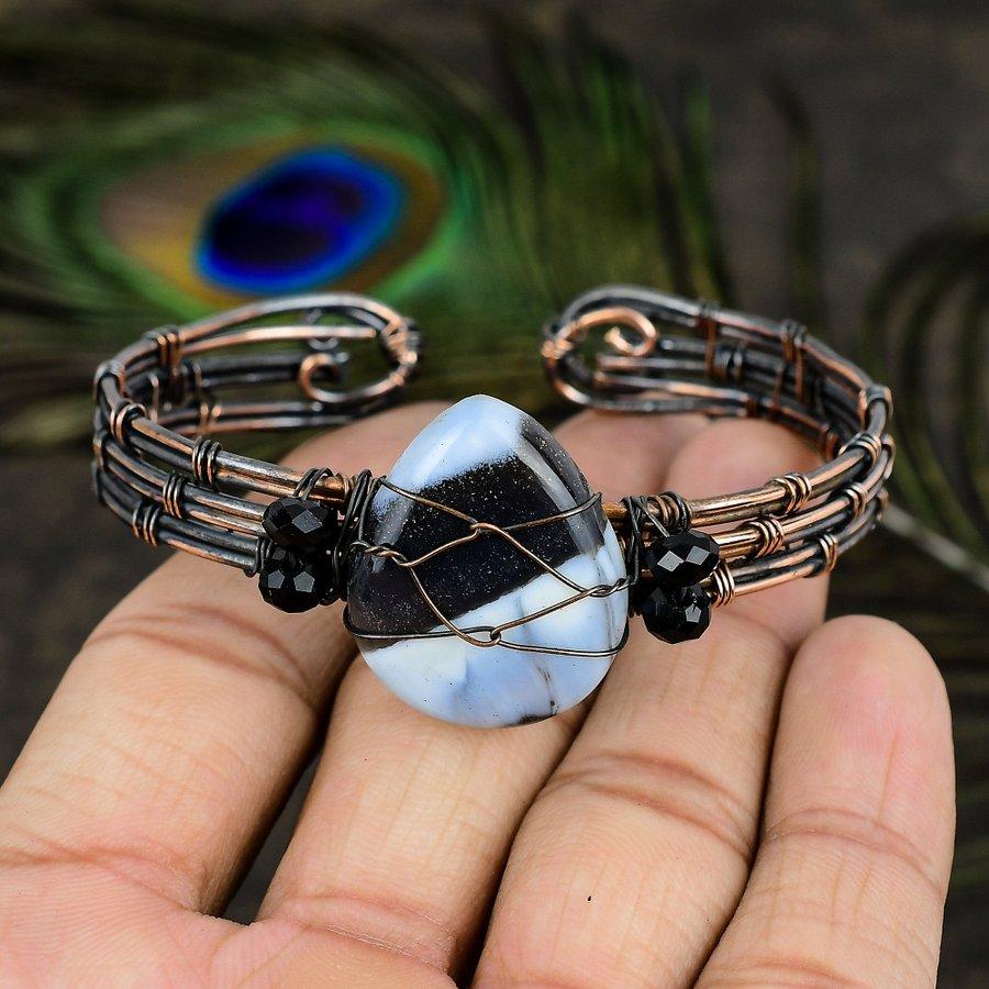 Natural Owyhee Opal Gemstone Handmade Copper Wire Wrap Cuff Bangle Adj. o4C27