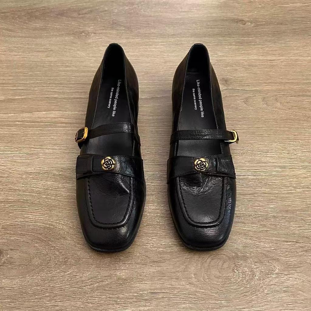 Soft Leather Version _ Soft Leather French Thick Heel Camellia Light Mouth Single Shoes Women's Spring New Retro Mary Jane Small Leather Shoes -