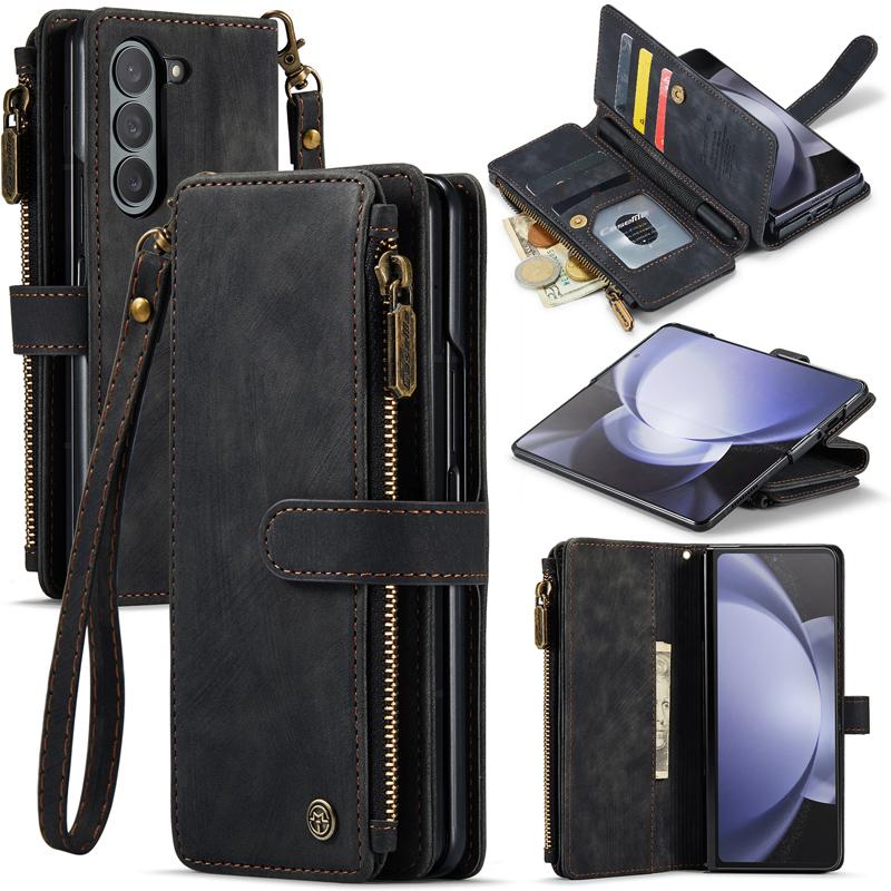 Business Retro Wallet Leather Flip Case For Samsung Galaxy Z Fold5 Fold 4 Z Fold 3 Coin Purse Zipper Wrist Strap