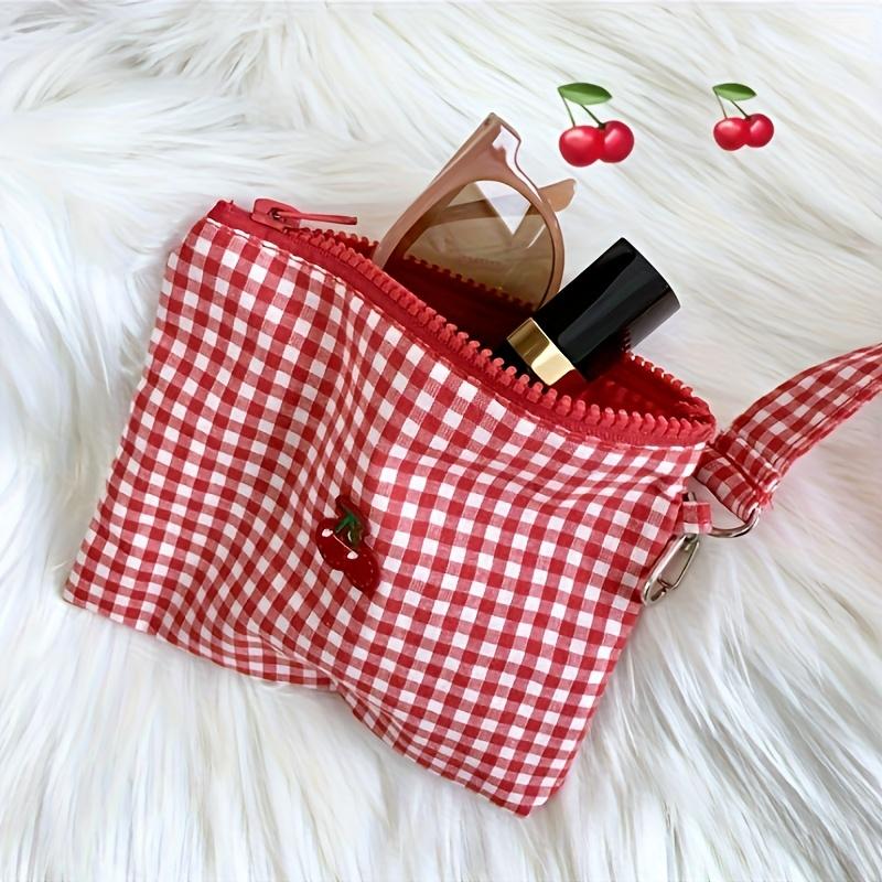 Cherry Coin Purse Portable Makeup Bag for Outings Sanitary Napkin Storage Pouch Cherry Canvas Makeup Bag Convenient Red Checkered Lipstick Organizer