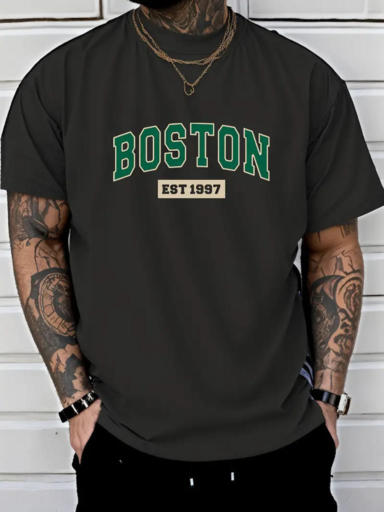 Simple and Fresh Letter Pattern 3D Printed T-shirt for Summer Outdoor Casual Short Sleeved Top, Soft and Comfortable Men's O-neck Clothing