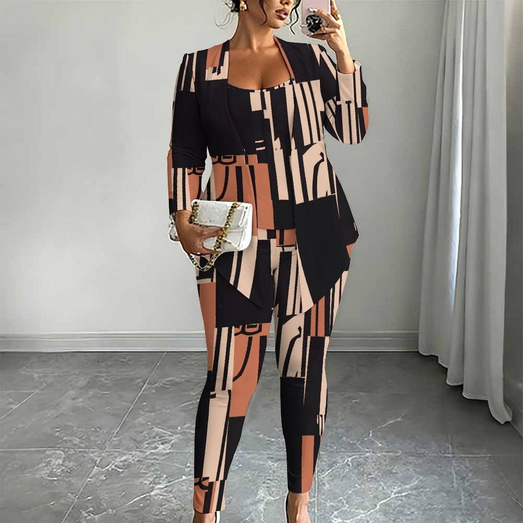Plus Size Geometric Print 3 Piece Outfit, Long Sleeve Open Front Cardigan Cami Top Leggings Set for Women